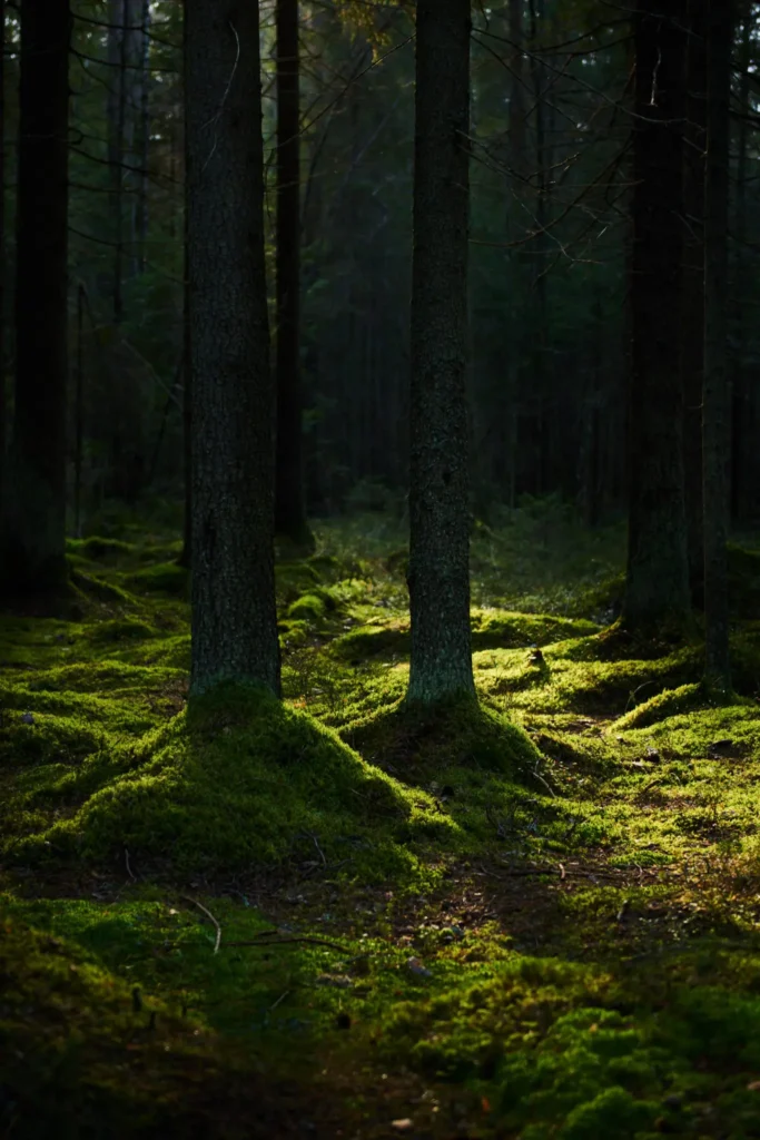 Dunkler Wald mit Moosbewuchs, Beispiel für nachhaltige und klimapositive Waldbewirtschaftung